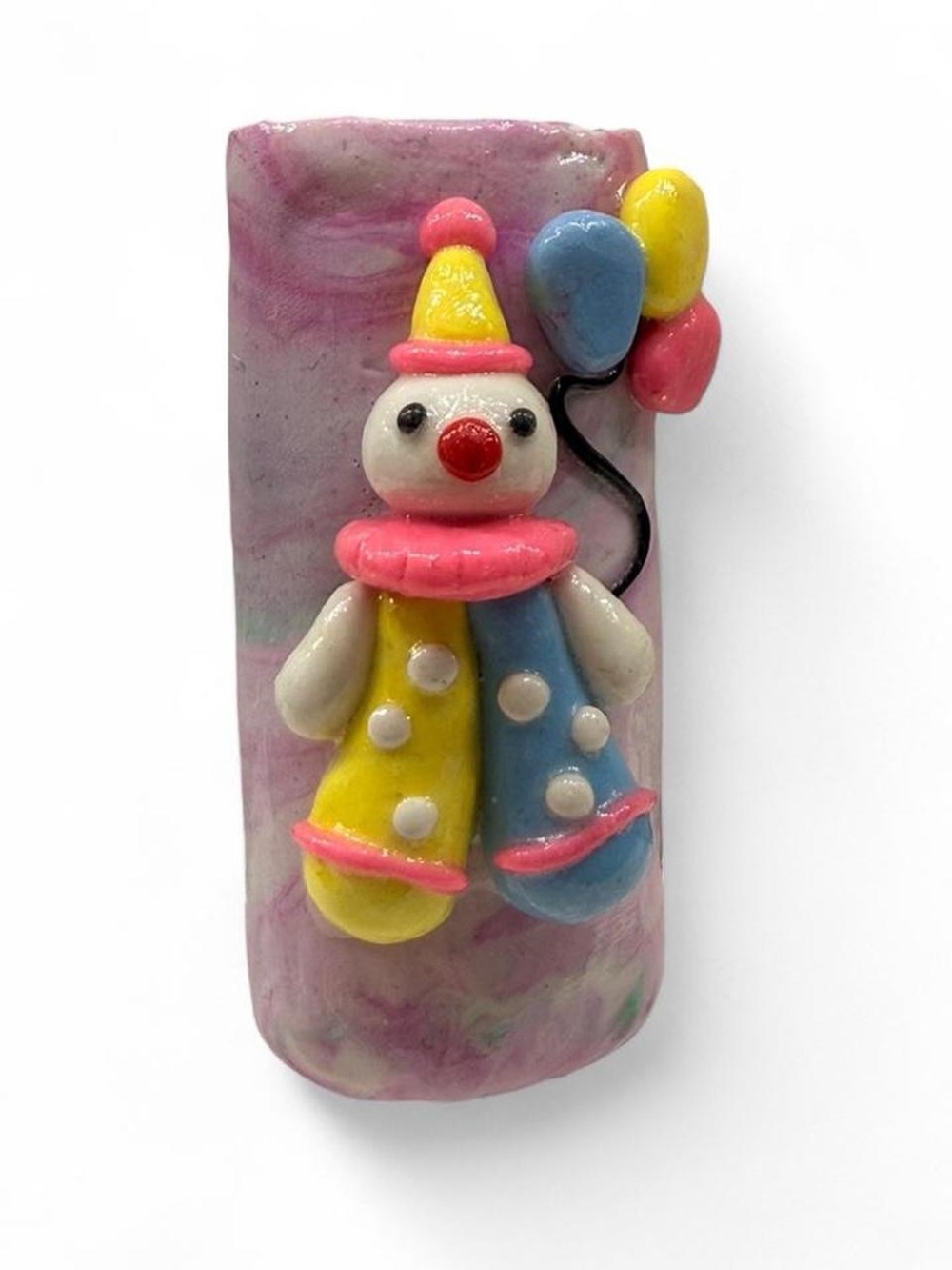 Handmade Clay Clown Holder - Pink, Yellow & Blue